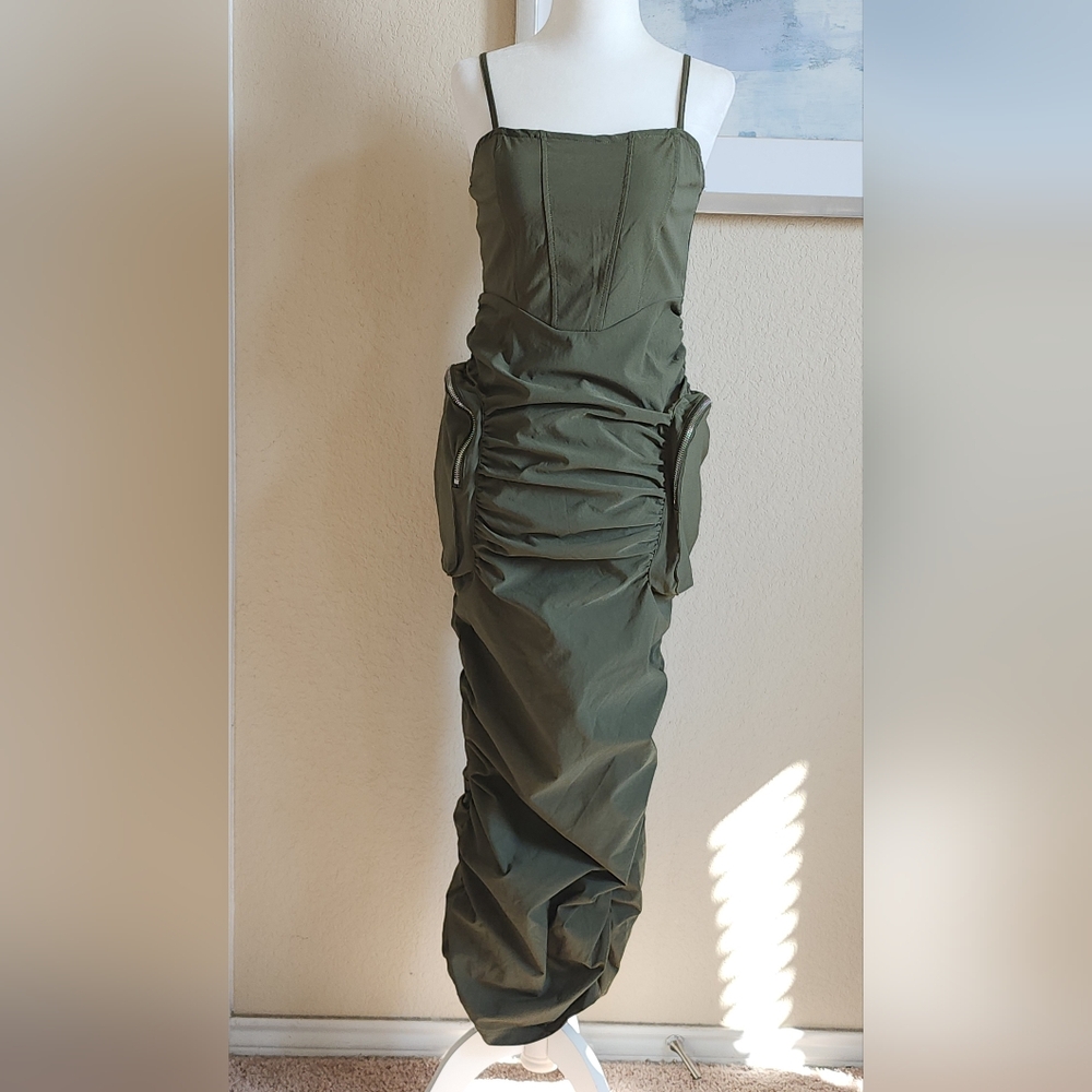 Olive Green Ruched Cargo Dress